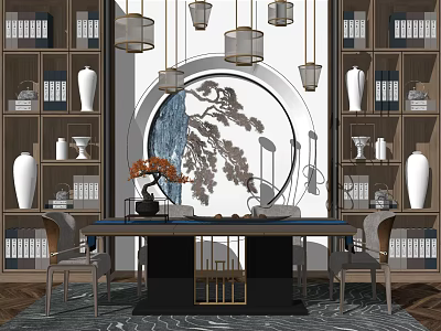 Chinese Style Study Room With Wooden Desk Bookshelves Hanging Lamps And Decorative Elements 3d model
