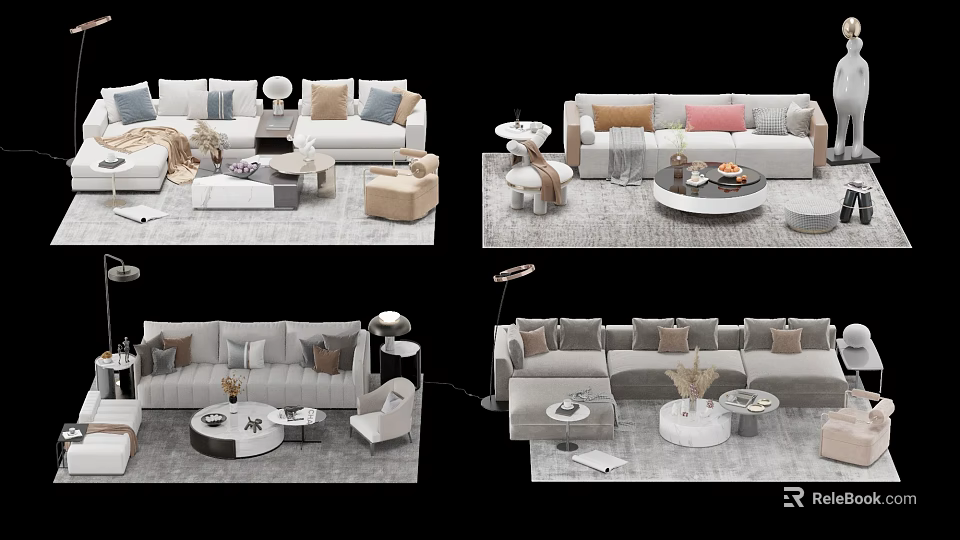 Modern Sofa And Coffee Table Set With Decorative Pillows Area Rug And Side Table 3d model