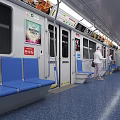 Modern Subway Car Interior Featuring Blue Seats Passengers Sitting Standing And Advertisement Posters 3d model