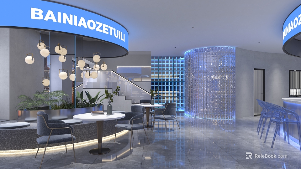 Modern Store Front Desk Interior With Blue Signboard Hanging Lights Staircase And Tables 3d model 