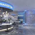 Modern Store Front Desk Interior With Blue Signboard Hanging Lights Staircase And Tables