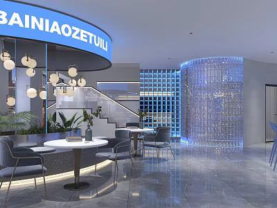 Modern Store Front Desk Interior With Blue Signboard Hanging Lights Staircase And Tables 3d model