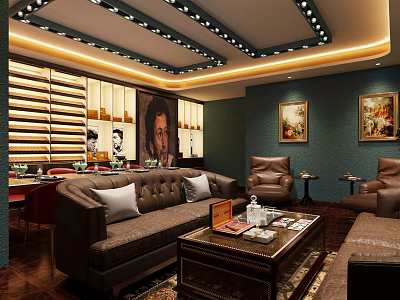 Classic Living Room Interior With Brown Sofa Leather Chairs Coffee Table And Decorative Paintings 3d model