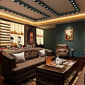 Classic Living Room Interior With Brown Sofa Leather Chairs Coffee Table And Decorative Paintings