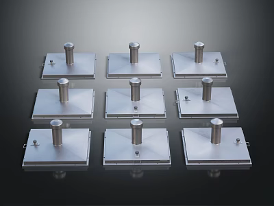 Nine Silver Square Metal Bases With Cylindrical Protrusions And Fixed Screws 3d model