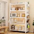 Modern Kitchen Shelf Unit With Microwave Blender Storage Jars And Open Cabinet Doors
