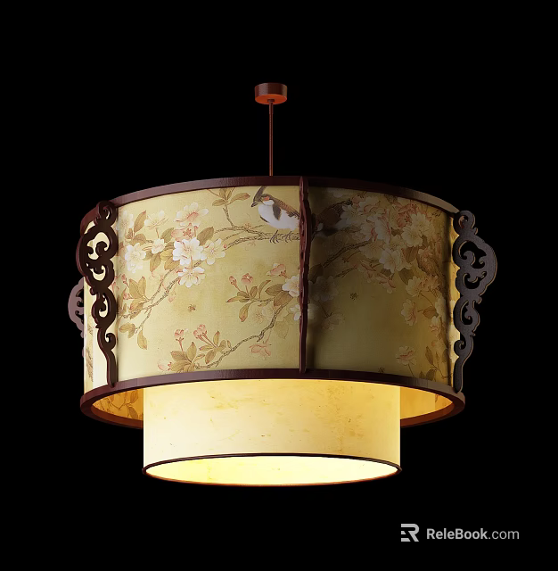 Traditional Chinese Chandelier With Cream Shade Carved Frame And Floral Bird Patterns 3d model 