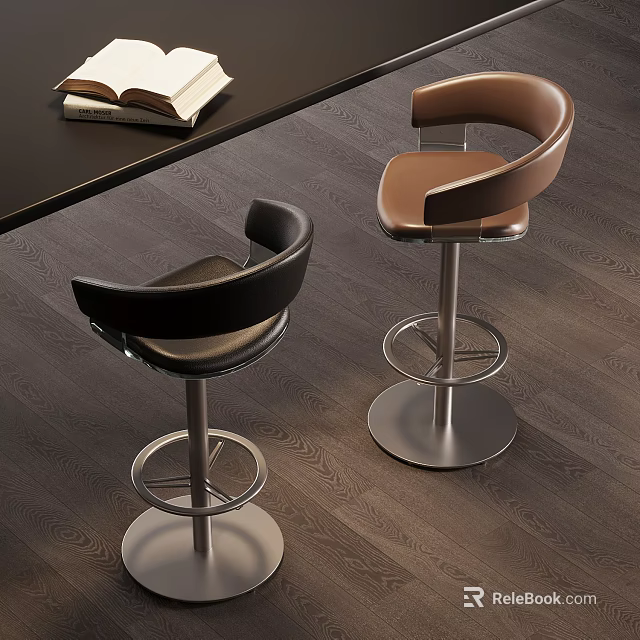 Modern Black and Brown Bar Stools with Metal Base in Contemporary Wooden Floor Interior 3d model 