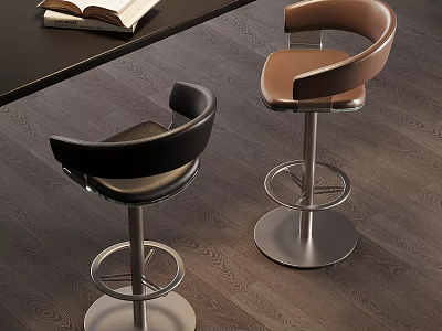 Modern Black and Brown Bar Stools with Metal Base in Contemporary Wooden Floor Interior 3d model