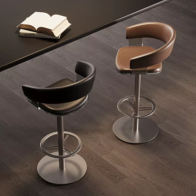 Modern Black and Brown Bar Stools with Metal Base in Contemporary Wooden Floor Interior 3d model
