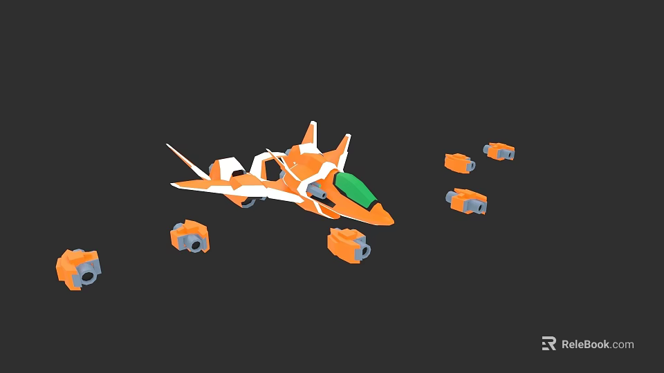 Orange and White Fighter Jet with Multiple Small Orange Objects Around 3d model