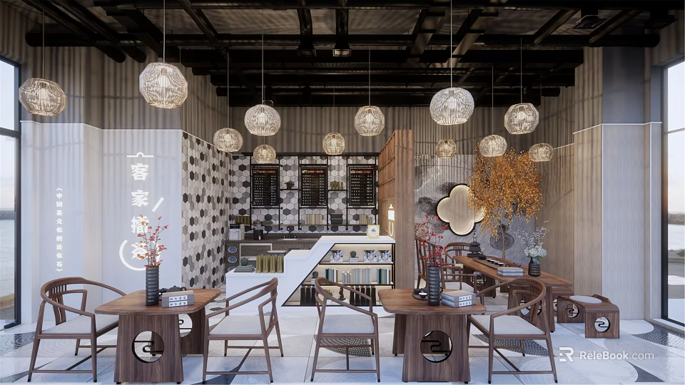 Modern Milk Tea Shop Interior With Hanging Lights Wooden Tables And Decorative Shelves 3d model 