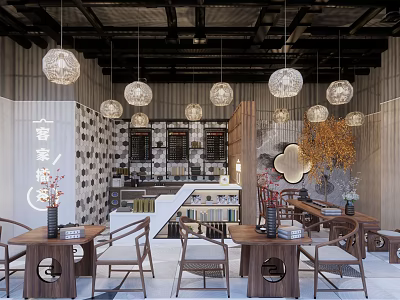 Modern Milk Tea Shop Interior With Hanging Lights Wooden Tables And Decorative Shelves 3d model