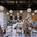 Modern Milk Tea Shop Interior With Hanging Lights Wooden Tables And Decorative Shelves