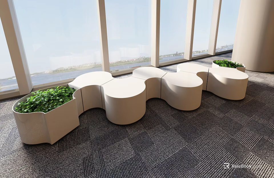 Modern Public Chairs with Curved Design Green Plants and Large Windows in Public Area 3d model 