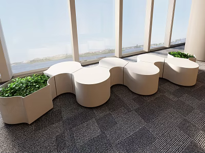 Modern Public Chairs with Curved Design Green Plants and Large Windows in Public Area 3d model