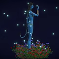 Blue Skinned Long Eared Humanoid With Braided Hair Interacting With Bioluminescent Sprite Like Creatures