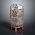 Old Rusty Metal Container With Weathered Surface And Red Supporting Legs