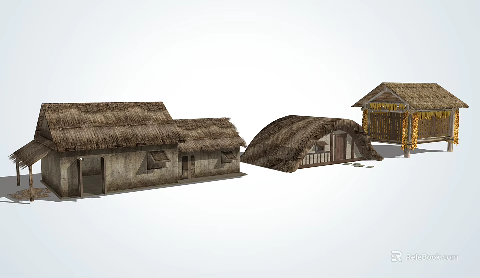 Traditional Thatched Houses With Various Architectural Structures And Rustic Design 3d model 