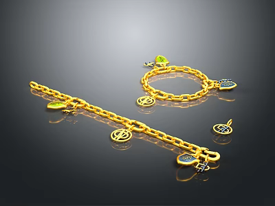 Gold Chain Daily Life Accessories With Various Shaped Pendants And Colorful Decorations 3d model