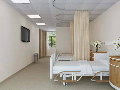 Hospital Room Interior With Medical Bed TV Curtains Bedside Table And Flowers 3d model