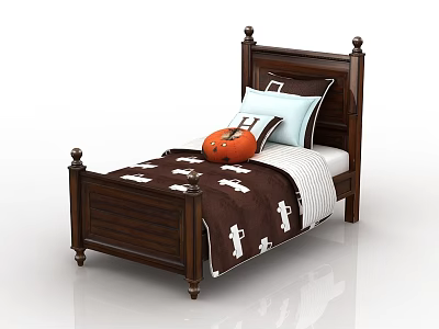 Dark Wooden Single Bed with Bedposts Brown Quilt White Patterns Blue Striped Pillows Orange Pumpkin 3d model