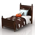 Dark Wooden Single Bed with Bedposts Brown Quilt White Patterns Blue Striped Pillows Orange Pumpkin