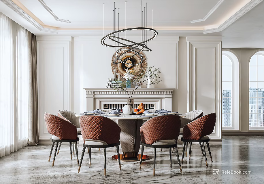 Elegant Modern Restaurant Interior With Round Dining Table Red Chairs Chandelier And Fireplace Mirror 3d model 