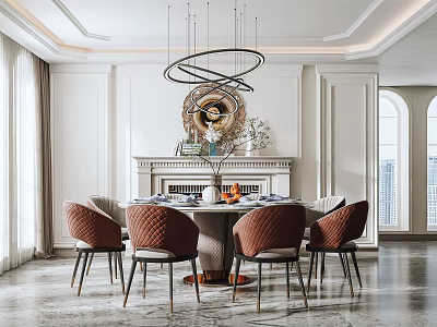 Elegant Modern Restaurant Interior With Round Dining Table Red Chairs Chandelier And Fireplace Mirror 3d model