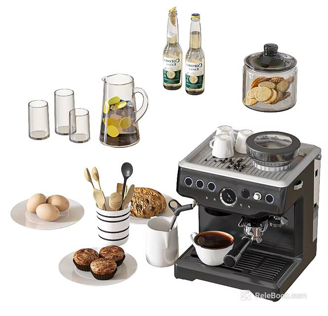Coffee Machine Setup With Breakfast Muffins Eggs Glassware And Kitchen Jars 3d model
