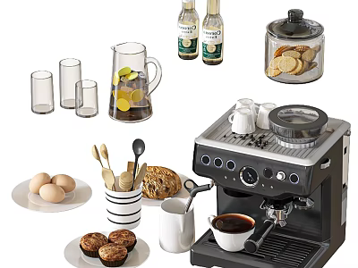 Coffee Machine Setup With Breakfast Muffins Eggs Glassware And Kitchen Jars 3d model