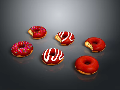 Assorted Donuts With Glazed Chocolate Sprinkles And Bitten Designs On Dark Background 3d model