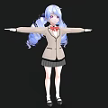 Woman With Blue Hair Pigtails Beige Coat Black Skirt Red Bow Tie Arms Outstretched