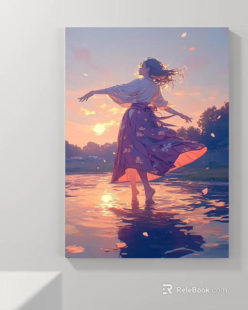 Anime Portrait of Dancing Woman in Kimono at Sunset with Water Reflection and Petals 3d model 