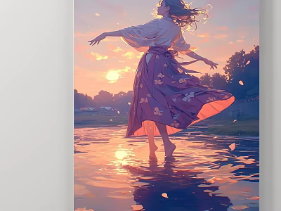 Anime Portrait of Dancing Woman in Kimono at Sunset with Water Reflection and Petals 3d model