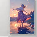 Anime Portrait of Dancing Woman in Kimono at Sunset with Water Reflection and Petals