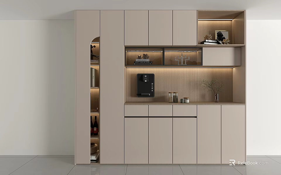 Modern Built in Wine Cabinet with Display Shelves Storage Cabinets and LED Lighting 3d model 