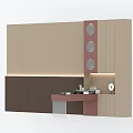 Bed Backdrop Wall Design With Beige Brown Panel LED Strip Lighting And Circular Mirrors 3d model