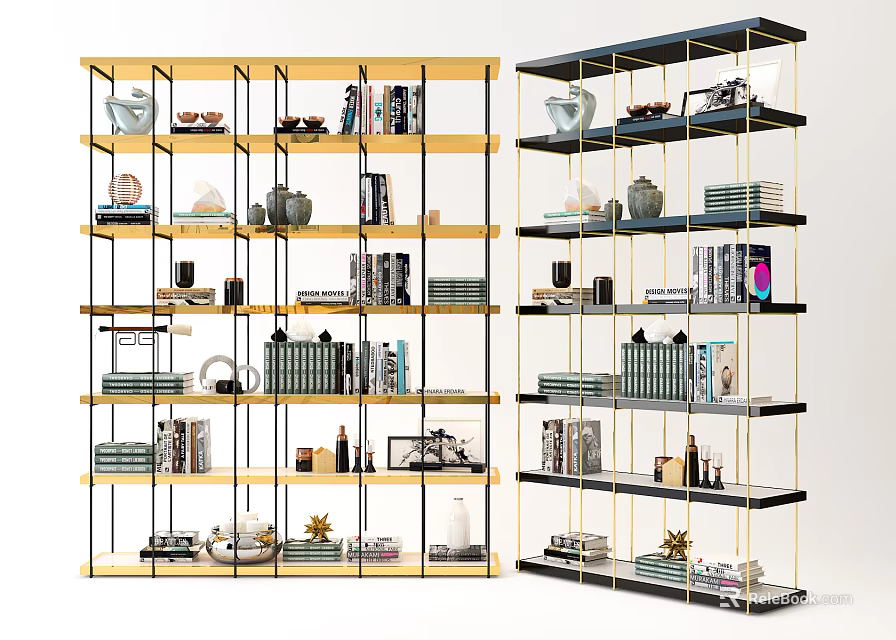 Yellow and Black Frame Bookcases Interior With Books Vases Photo Frames and Decorative Items 3d model 