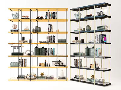 Yellow and Black Frame Bookcases Interior With Books Vases Photo Frames and Decorative Items 3d model
