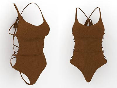 Brown Ribbed One Piece Swimsuit With Crossover Straps And Lace Up Design 3d model