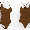 Brown Ribbed One Piece Swimsuit With Crossover Straps And Lace Up Design