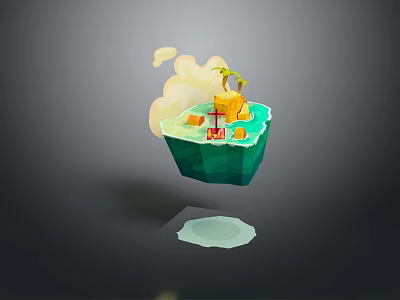 Cartoon Scene Featuring Floating Green Island With Yellow Sand Red House And Palm Tree 3d model