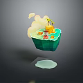 Cartoon Scene Featuring Floating Green Island With Yellow Sand Red House And Palm Tree