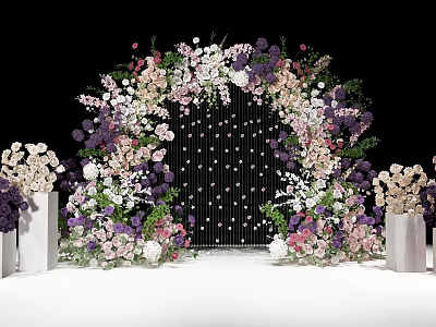 Elegant Floral Installation With Purple Pink White Flowers And Grid Backdrop For Wedding Event 3d model