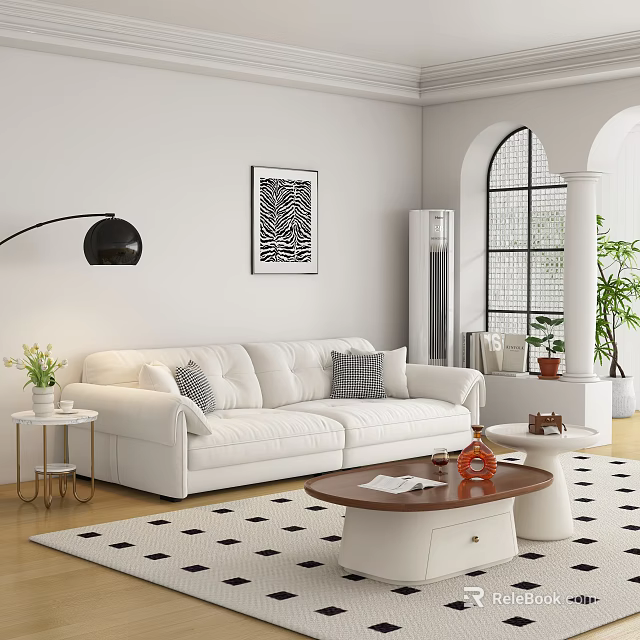 White Multi Seater Sofa With Decorative Wall Art Floor Lamp And Coffee Table 3d model 
