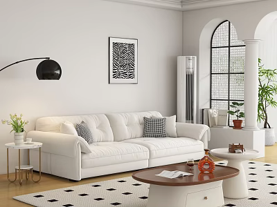 White Multi Seater Sofa With Decorative Wall Art Floor Lamp And Coffee Table 3d model