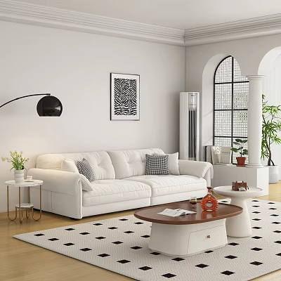 White Multi Seater Sofa With Decorative Wall Art Floor Lamp And Coffee Table 3d model