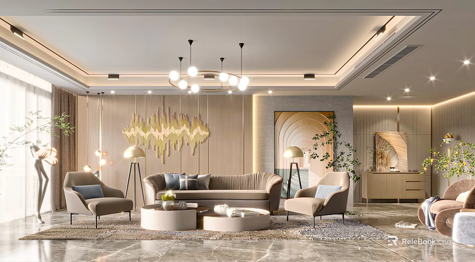 Modern Living Room Interior Design With Golden Wave Decor Sofa Armchairs And Pendant Lights 3d model 