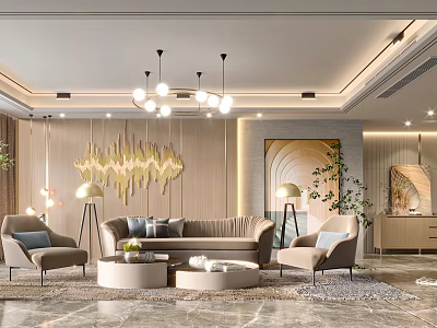 Modern Living Room Interior Design With Golden Wave Decor Sofa Armchairs And Pendant Lights 3d model